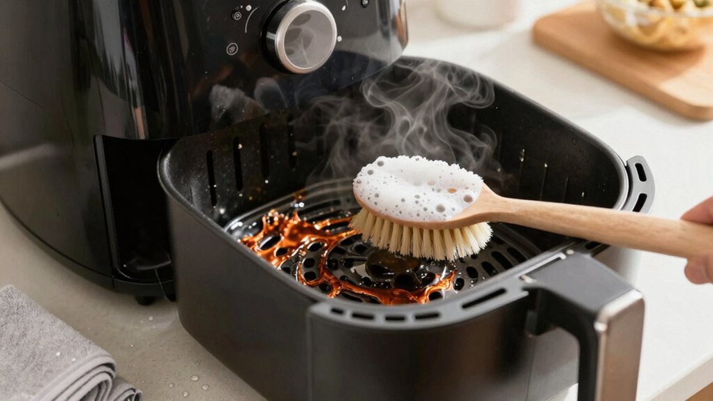 removing baked on grease from air fryer basket